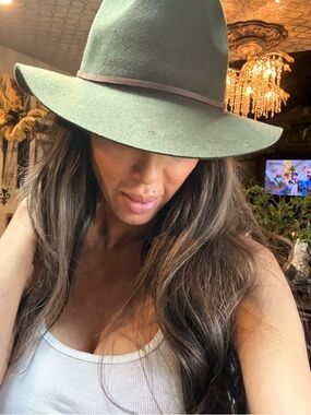 Womens genuine BRIXTONWide-Brim Felt Fedora Hat - Olive w/ leather